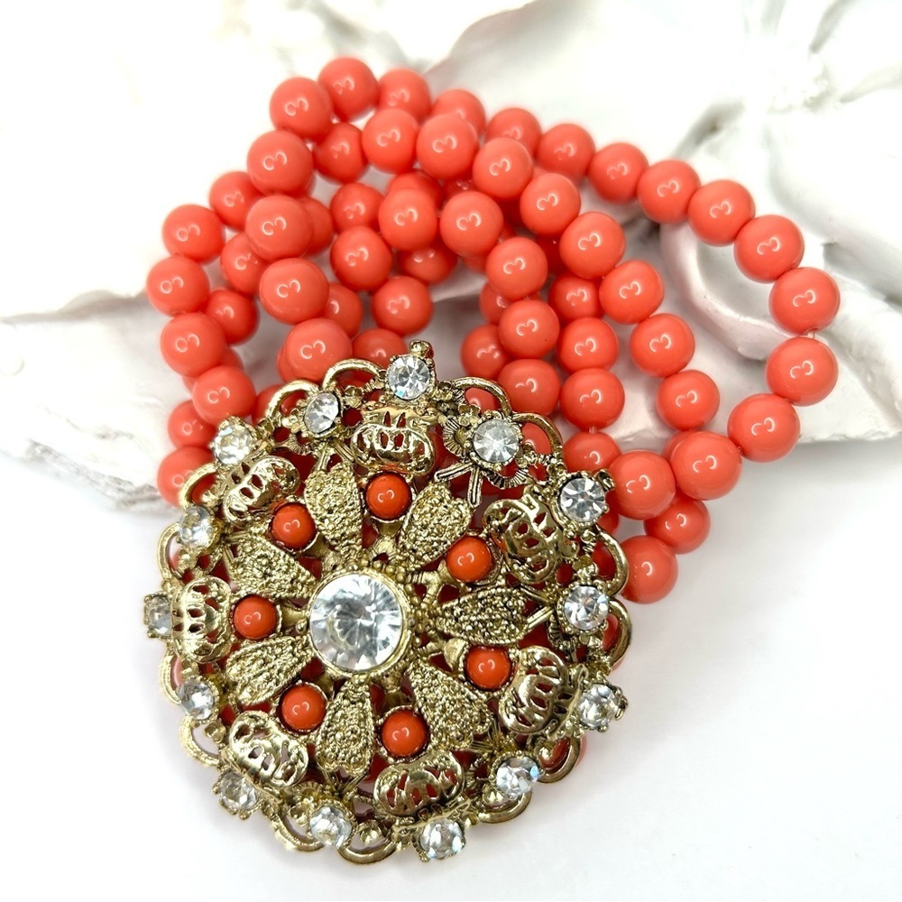 Victorian Style Coral Coloured Glass Beads Statement Bracelet
